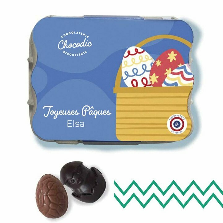 Bote personnalise avec poussins et oeufs en chocolat de Pques