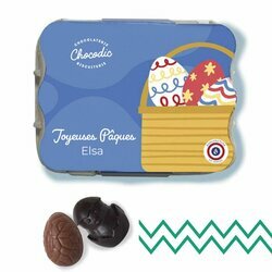 Bote personnalise avec poussins et oeufs en chocolat de Pques