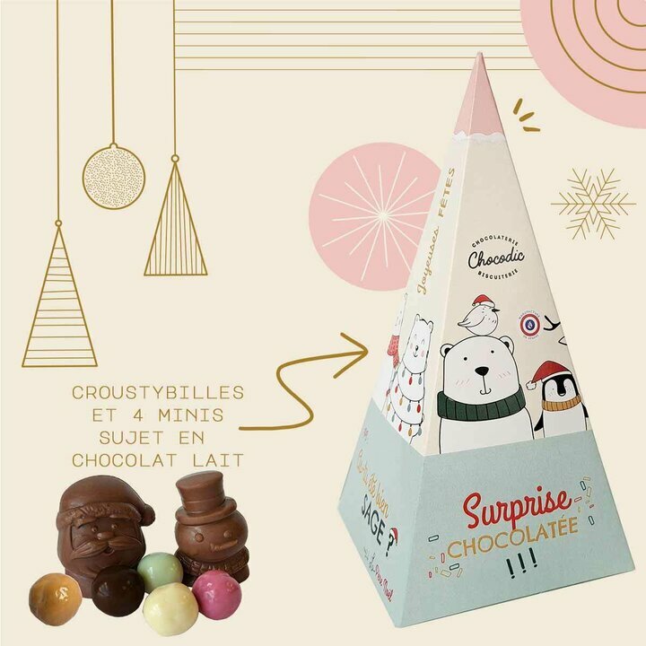 Cone surprise compos de billes de crales enrobs de chocolat et de 4 minis sujets de nol en chocolat lait